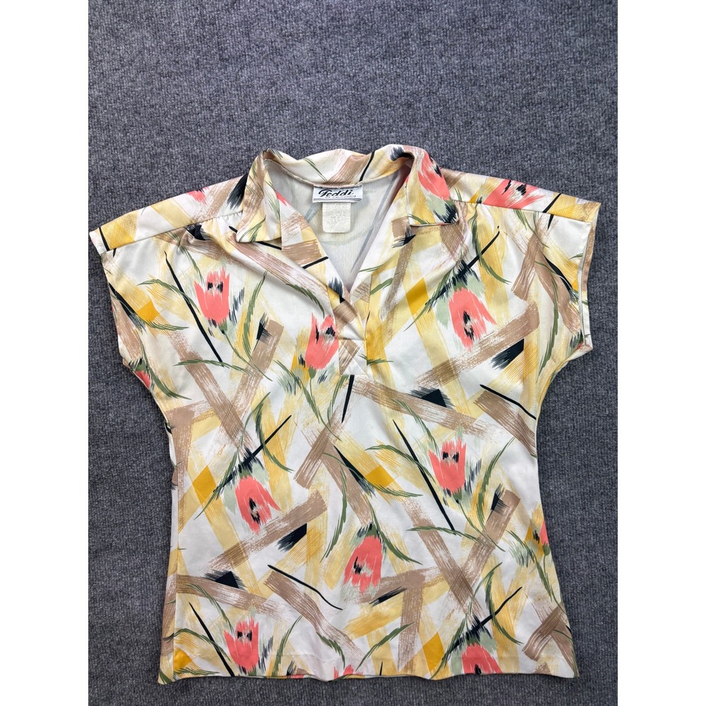 Teddi Short Sleeve Top Womens Medium White Floral Abstract Vintage V-Neck Blouse
